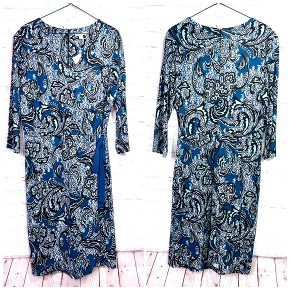 🚫SOLD! 🔥CCO SALE! •NWT🤩 |•CATO•| V-neck Draped Tie Waist Print 3/4 Dress - Picture 2 of 15